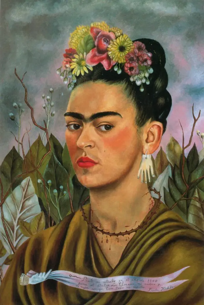 dflower headdress by frida khalo, old painting from the 20th century