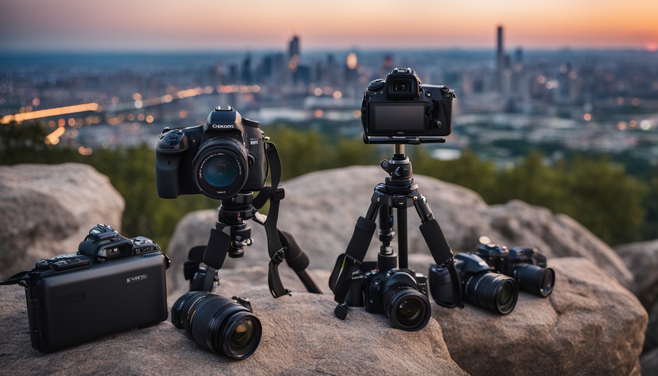 camera equipment laying on stones on top of a city skyline in the golden hour of sunset