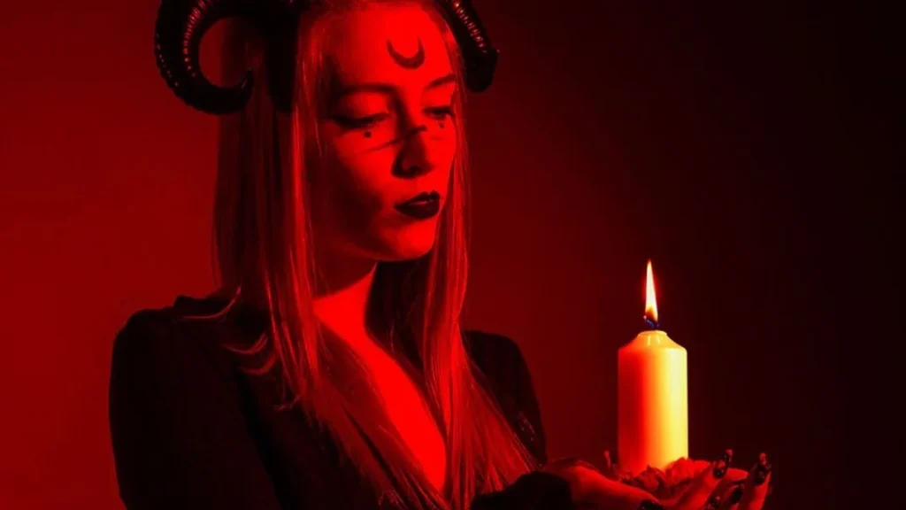 woman in red light and candle is wearing witchy make-up and doing witchy photoshoot ideas 