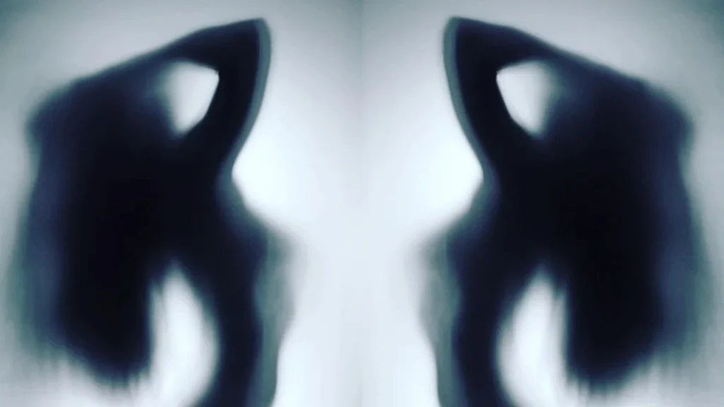 Mirrored silhouette of a slim woman behind a curtain in a boudoir photoshoot involving silhouettes