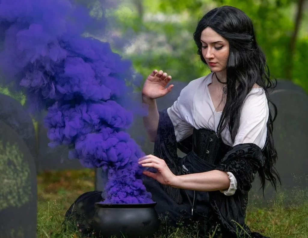 woman with a pot with purple smoke coming out of it, giving a witchy vibe for a witchy photoshoot on halloween, beautiful black hair woman