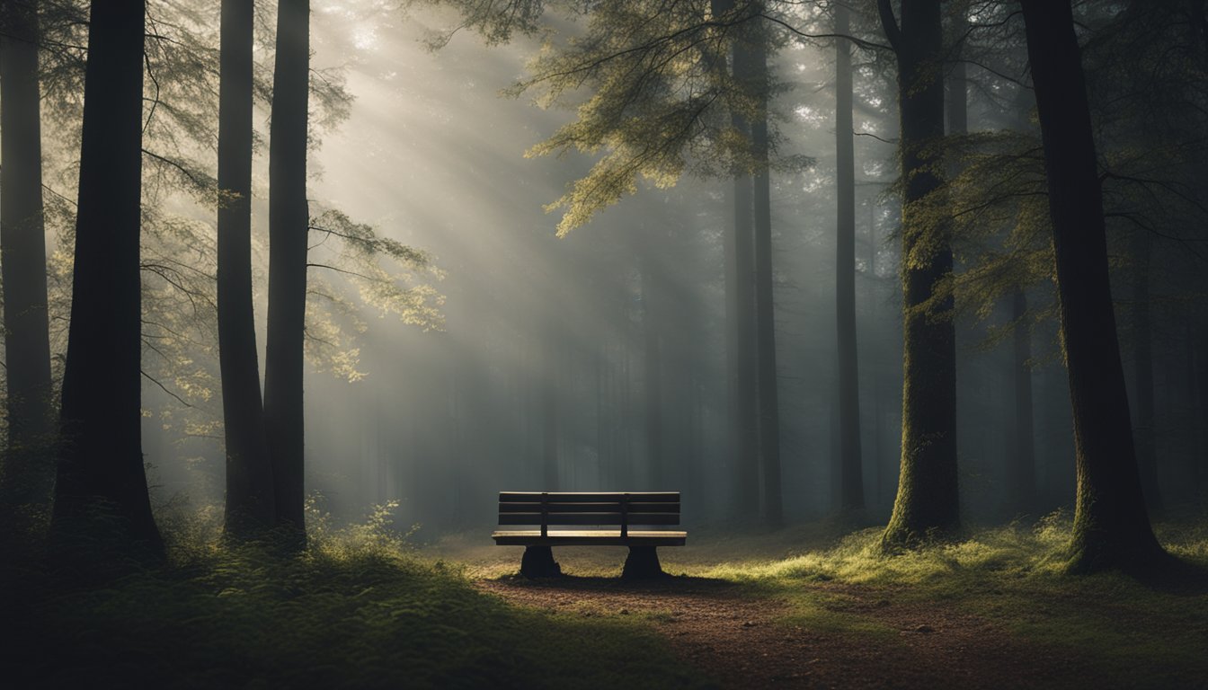 a bench in a forest getting shine on by the sun through the leaves of the pine trees surrounding it. An example for a moody image with moody atmosphere and attributes