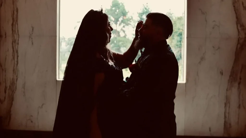 cute muslim couple having a moody wedding photography shooting by using silhouettes as a lighting technique for moody photos