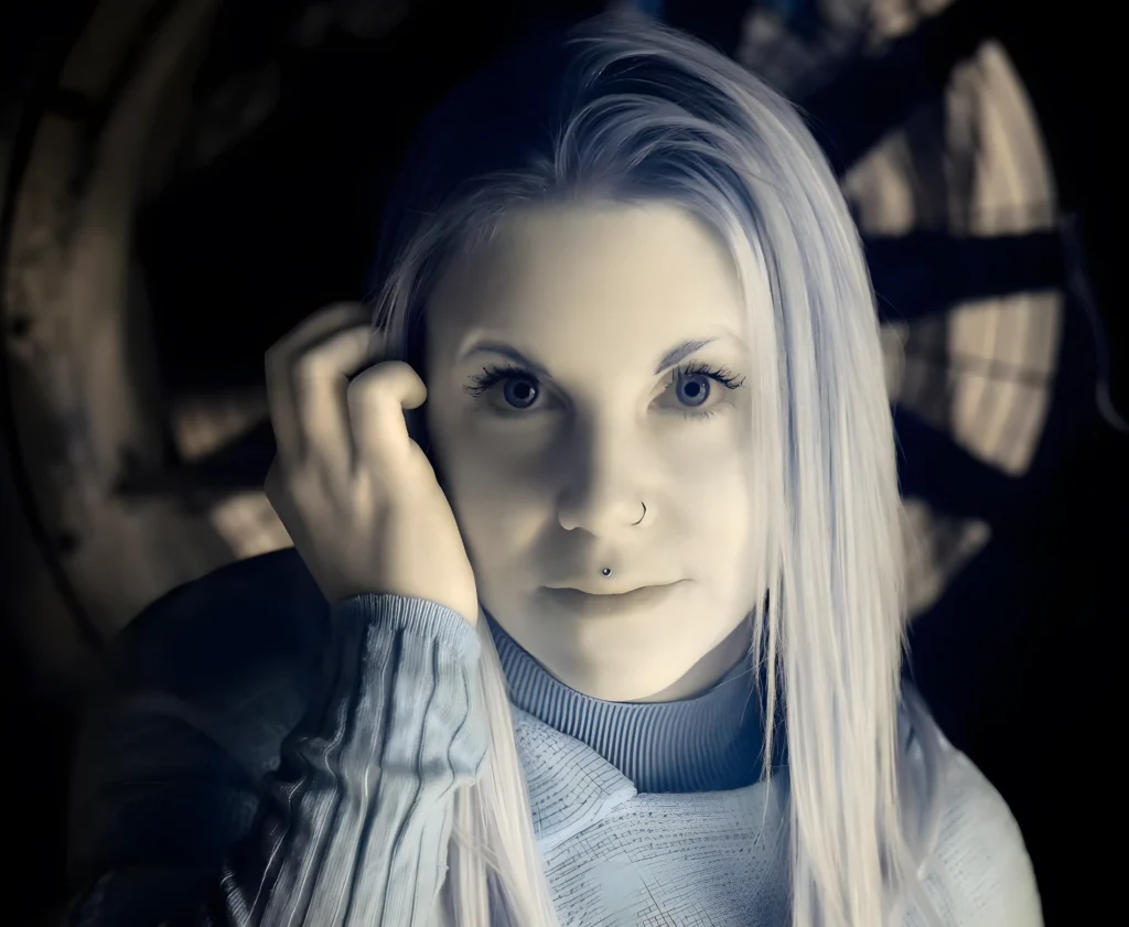 infrared girl with white hair and blue eyes posing for an infrared photography portrait, beautiful hair and photo composition