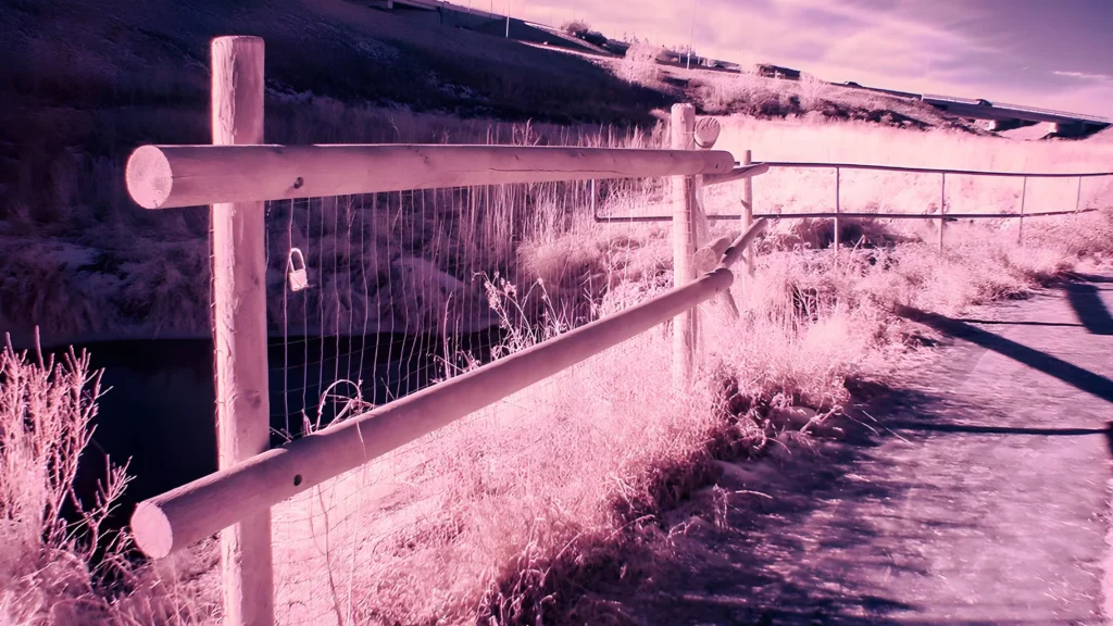 infrared fence photography landscape, looking dreamy and pink due to infrared landscape photography