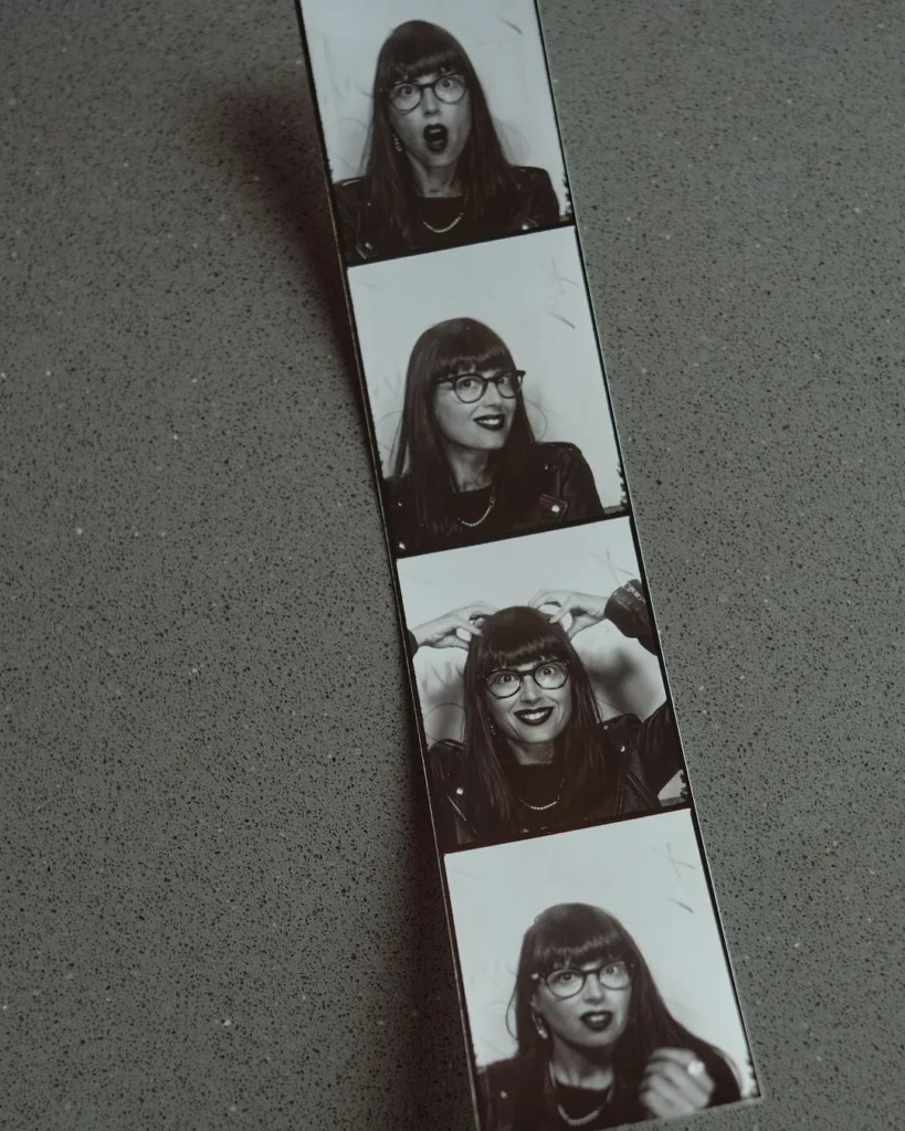 paper with photo booth poses of a single woman doing funny poses for photo booth, black and white, funny