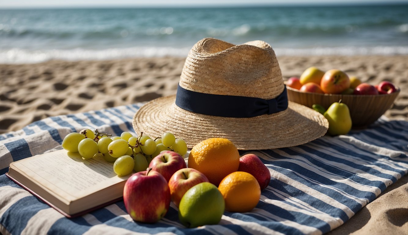 A beach picnic with colorful fruits, a straw hat, and a book on a striped blanket, with waves crashing in the background