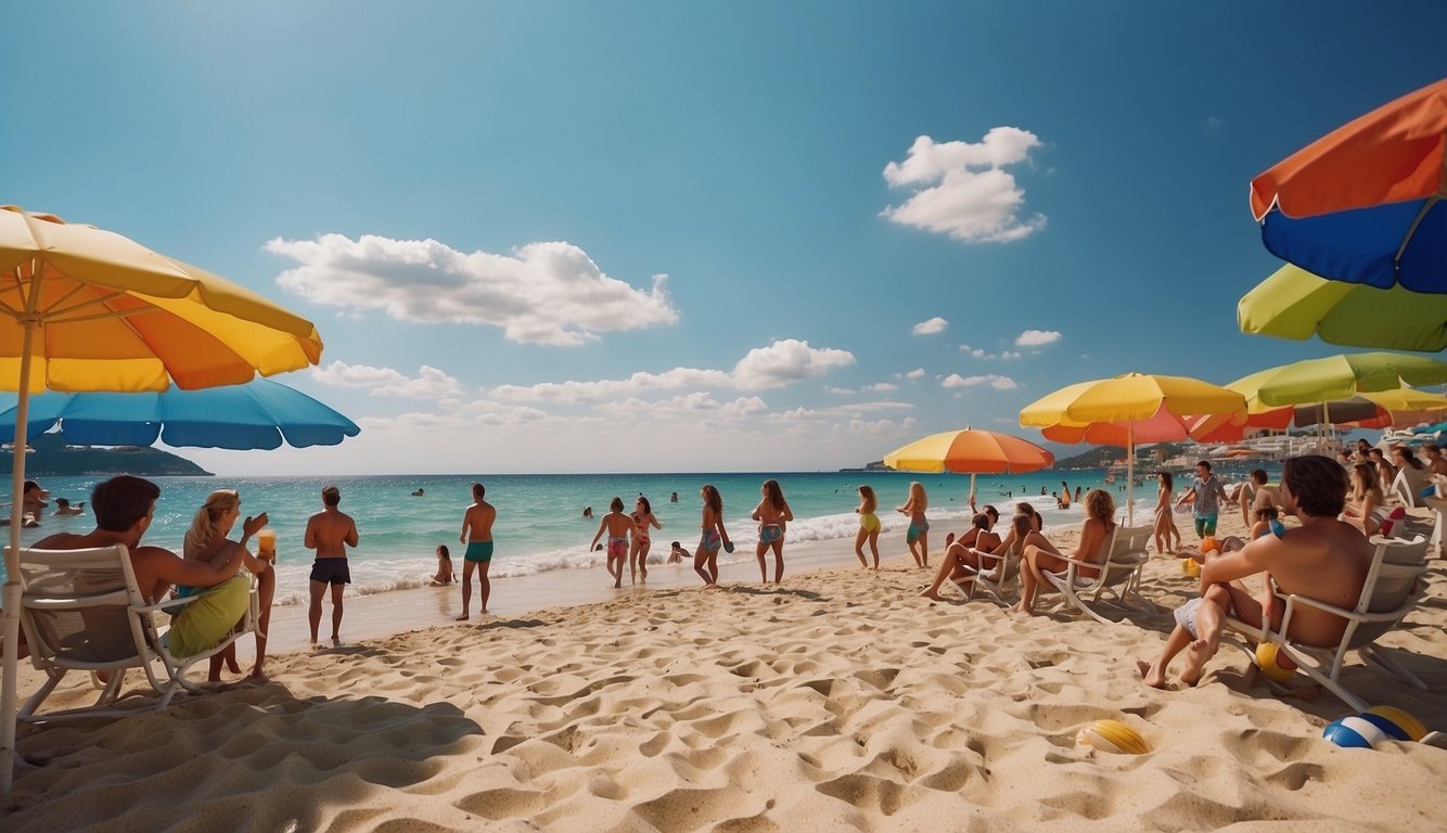 A beach with colorful umbrellas, a volleyball net, and people playing in the water