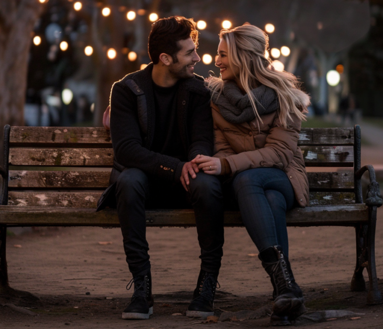 Valentine Photoshoot couple sitting on park bench